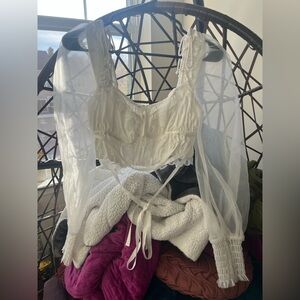 For Love And Lemons White Corset Top w/ Organza Puff Sleeves